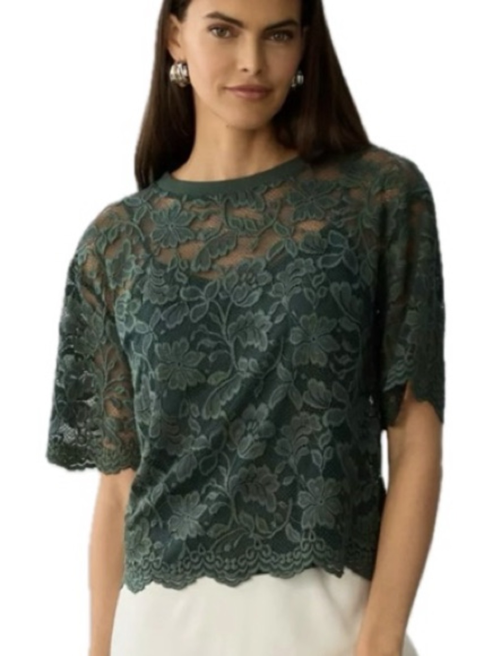 Anthropologie Dolan Boxy Lace Tee Womens Size Large Forest Green Floral Crew